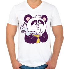 PRINTFASHION Kávézó panda - Férfi V-nyakú póló - Fehér férfi póló