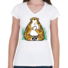 PRINTFASHION Kávézó tigris - Női V-nyakú póló - Fehér