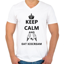 PRINTFASHION KEEP CALM AND EAT ICECREAM - Férfi V-nyakú póló - Fehér férfi póló