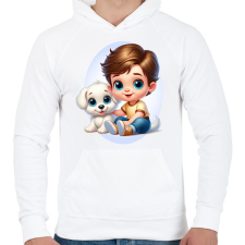 PRINTFASHION Kisfiú kiskutyával - Férfi kapucnis pulóver - Fehér férfi pulóver, kardigán