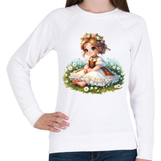 PRINTFASHION Kislány népviseletben a tavaszi virágos réten - Női pulóver - Fehér