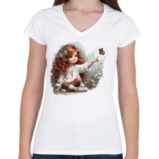 PRINTFASHION Kislány pillangóval - Női V-nyakú póló - Fehér női póló