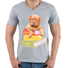 PRINTFASHION Kölyök masztiff szemüvegben könyvekkel - Férfi V-nyakú póló - Sport szürke