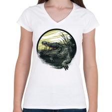 PRINTFASHION Krokodil grafika - Női V-nyakú póló - Fehér női póló