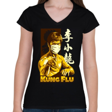 PRINTFASHION Kung Fu maszkban - Női V-nyakú póló - Fekete