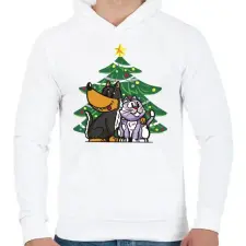 PRINTFASHION Kutya és macska karácsony - Férfi kapucnis pulóver - Fehér férfi pulóver, kardigán
