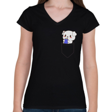 PRINTFASHION Kutyus zsebben páros minta - Női V-nyakú póló - Fekete női póló