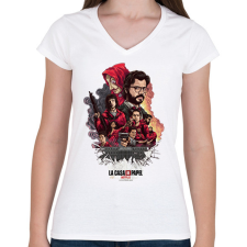 PRINTFASHION La casa de papel - A nagy pénzrablás - Női V-nyakú póló - Fehér női póló