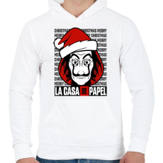 PRINTFASHION La Casa De Papel Christmas háttérrel - Férfi kapucnis pulóver - Fehér