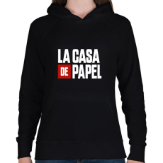 PRINTFASHION La casa de papel fehér felirat - Női kapucnis pulóver - Fekete