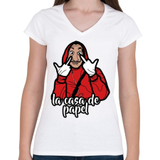 PRINTFASHION La Casa de Papel - Női V-nyakú póló - Fehér női póló