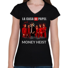 PRINTFASHION LA CASA DE PAPEL - Női V-nyakú póló - Fekete női póló