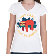 PRINTFASHION Lajhár Not fast Not furious - Női V-nyakú póló - Fehér női póló
