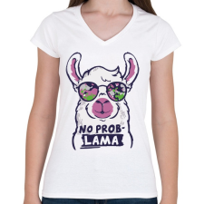 PRINTFASHION Láma - no problama - Női V-nyakú póló - Fehér női póló