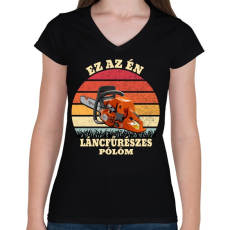 PRINTFASHION Láncfűrész / Favágó - Női V-nyakú póló - Fekete