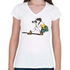 PRINTFASHION Lány fotózik - Női V-nyakú póló - Fehér női póló