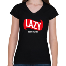 PRINTFASHION Lazy - Potato chips - Női V-nyakú póló - Fekete