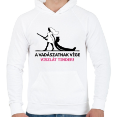 PRINTFASHION Leánybúcsú - A vadászatnak vége, viszlát tinder!  - Férfi kapucnis pulóver - Fehér