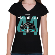 PRINTFASHION Lewis Hamilton 44 autóversenyző - fehér felirat - Női V-nyakú póló - Fekete női póló