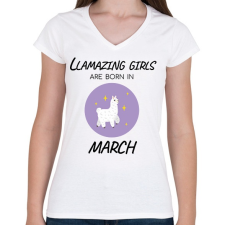 PRINTFASHION Llamazing girls are born is march - Női V-nyakú póló - Fehér női póló