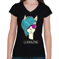 PRINTFASHION LLAMAZING - Női V-nyakú póló - Fekete női póló