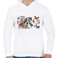 PRINTFASHION ló virágokkal és pillangókkal - Férfi kapucnis pulóver - Fehér férfi pulóver, kardigán