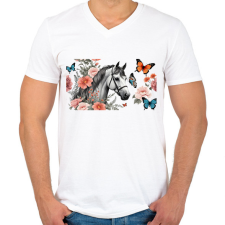 PRINTFASHION ló virágokkal és pillangókkal - Férfi V-nyakú póló - Fehér férfi póló