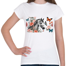 PRINTFASHION ló virágokkal és pillangókkal - Női póló - Fehér