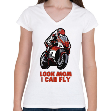 PRINTFASHION Look Mom, I can fly motoros - Női V-nyakú póló - Fehér