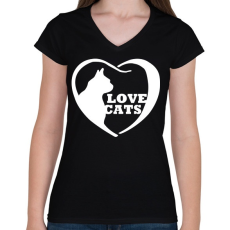PRINTFASHION Lovecats - Női V-nyakú póló - Fekete