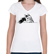 PRINTFASHION Macska fotózik  - Női V-nyakú póló - Fehér