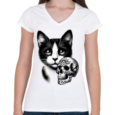 PRINTFASHION Macska - Női V-nyakú póló - Fehér női póló
