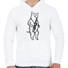 PRINTFASHION Macska szaxofonozik - Férfi kapucnis pulóver - Fehér férfi pulóver, kardigán
