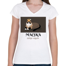 PRINTFASHION Macska szolga vagyok - Női V-nyakú póló - Fehér női póló