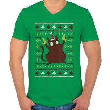 PRINTFASHION Macskás csúnya pulcsis minta - Férfi V-nyakú póló - Zöld férfi póló