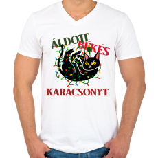 PRINTFASHION MACSKÁS KARÁCSONY - Férfi V-nyakú póló - Fehér