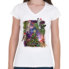 PRINTFASHION Macskás karácsony - Női V-nyakú póló - Fehér női póló