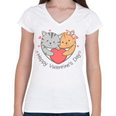 PRINTFASHION Macskás Valentin nap - Női V-nyakú póló - Fehér