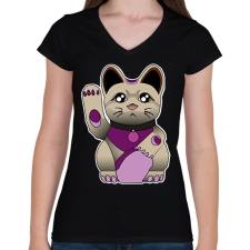 PRINTFASHION maneki neko - Női V-nyakú póló - Fekete női póló