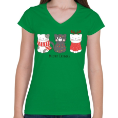 PRINTFASHION Meowy Catmas - Női V-nyakú póló - Zöld