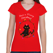 PRINTFASHION MEOWY CHRISTMAS - Női V-nyakú póló - Piros női póló