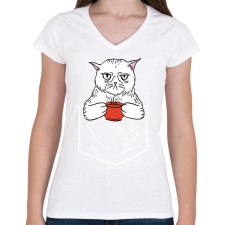 PRINTFASHION Mérges cica kávéval - Női V-nyakú póló - Fehér női póló