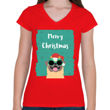 PRINTFASHION MERRY CHRISTMAS MOPSZ - Női V-nyakú póló - Piros női póló