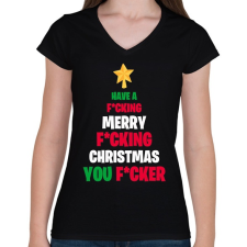PRINTFASHION Merry Fcking Christmas Tree - Női V-nyakú póló - Fekete női póló