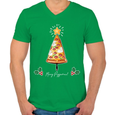 PRINTFASHION Merry Pizzamas pizzalapáttal fehér - Férfi V-nyakú póló - Zöld férfi póló