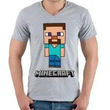 PRINTFASHION Minecraft - Steve - Férfi V-nyakú póló - Sport szürke férfi póló