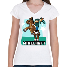 PRINTFASHION Minecraft Steve lovas póló - Női V-nyakú póló - Fehér