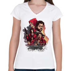 PRINTFASHION Money Heist - Női V-nyakú póló - Fehér