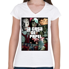 PRINTFASHION Money Heist - Női V-nyakú póló - Fehér