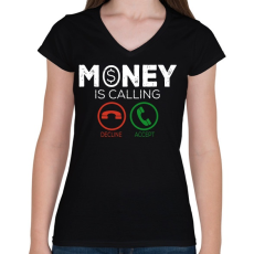 PRINTFASHION Money is callin - Női V-nyakú póló - Fekete